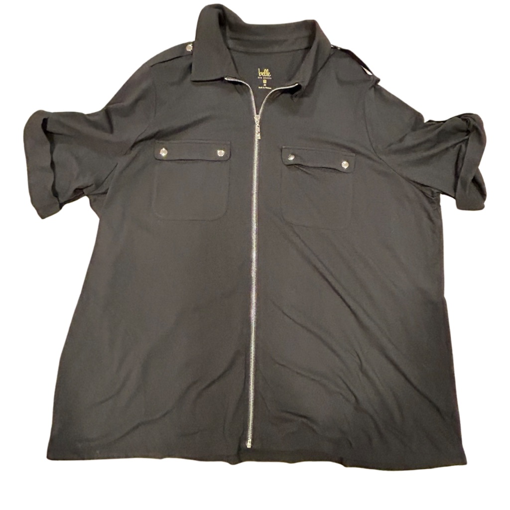 Belle By Kim Gravel Women's Plus Sz 2x Knit Front Full Zip Black Utility Shirt